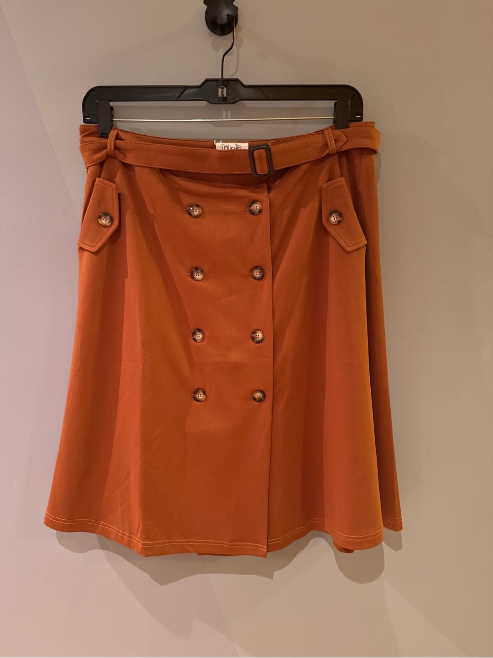 A-Line Double-Breasted Belted Skirt - Rust Orange
